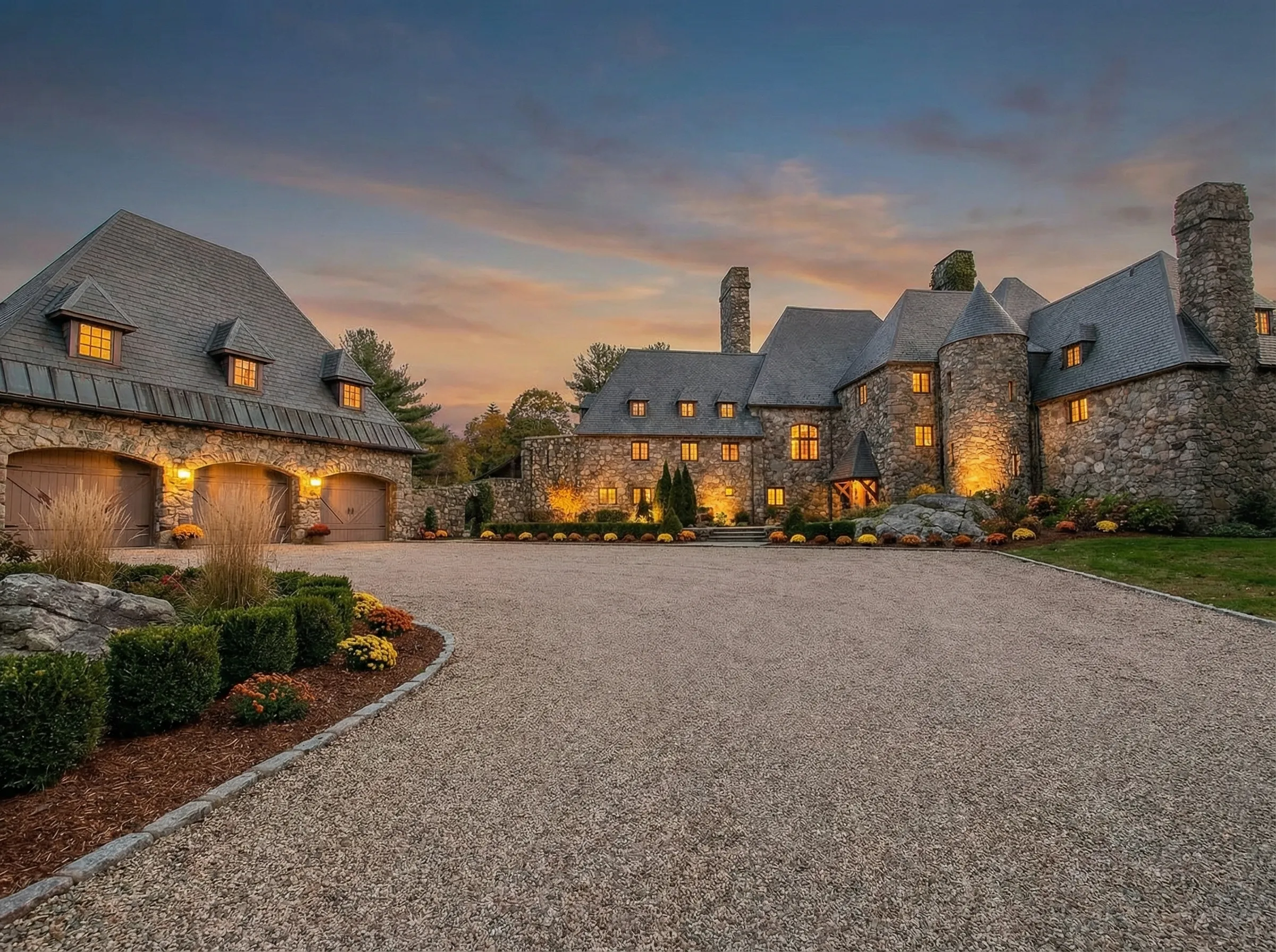Hilltop Castle at golden hour — stone facade glowing warm against a dramatic sky