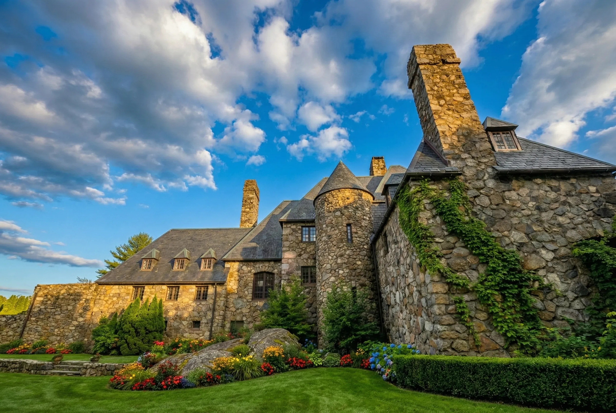 Castle exterior — summer view with lush greenery and blue skies